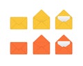 A set of envelopes. Orange, yellow and red envelopes. Vector clay illustration isolated on white background.